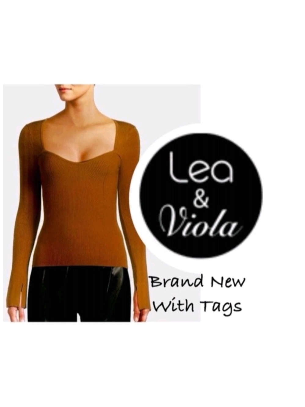 NWT Lea & Viola sweetheart cashmere square neck ribbed knit sweater blouse